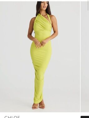One-Shoulder Lime Green Draped Midi Dress